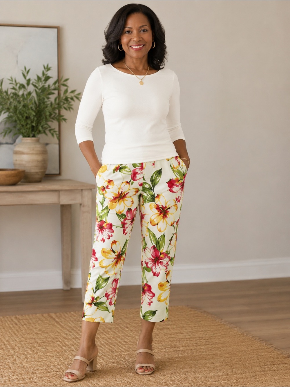 Cropped Floral Capris - White Multi
